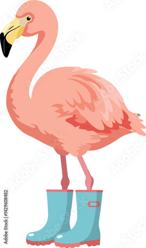 Flamingo standing in blue rain boots vector illustration with pink feathers and yellow beak 
