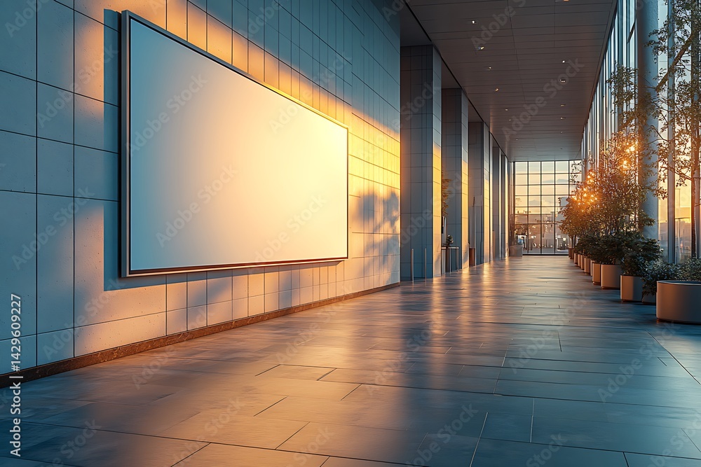 Corridor Mockup – Modern Hallway with Blank Billboard, Large Windows, and Potted Plants Illuminated by Warm Sunset Light for Advertising and Interior Branding
Corridor Mockup – Modern Hallway with Blank Billboard, Large Windows, and Potted Plants Illuminated by Warm Sunset Light for Advertising and Interior Branding