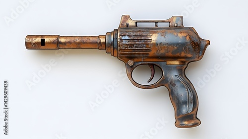 Rusty steampunk pistol with white background.