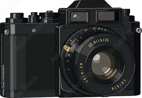 Vintage black camera illustration with detailed lens and controls vector image 