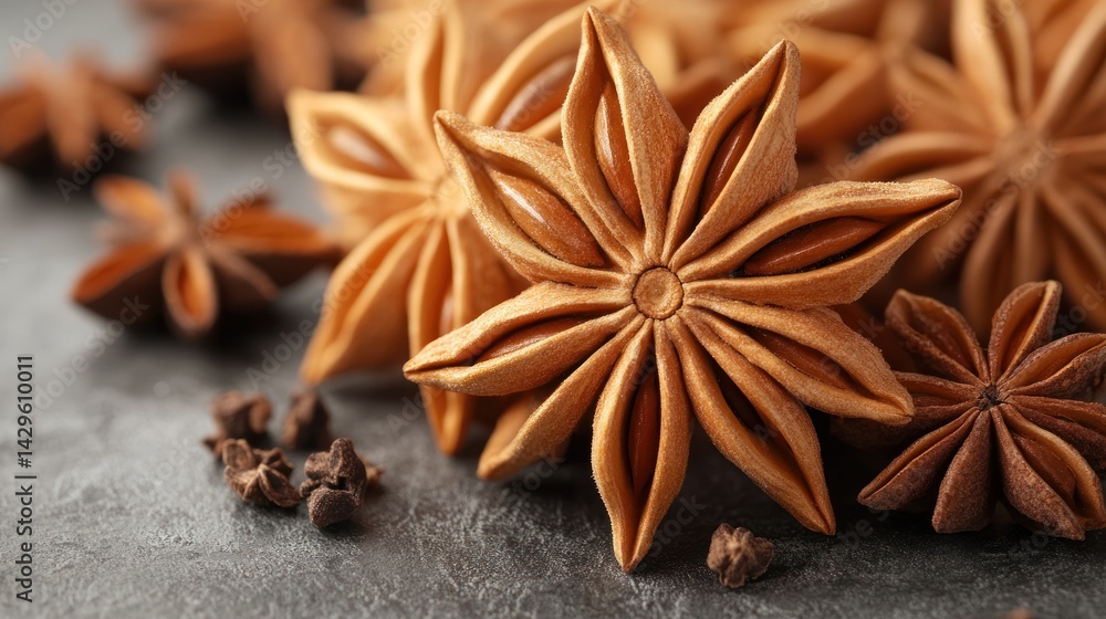 Close-up of star anise and cloves on a gray surface. Close-up of star anise and cloves on a gray surface.