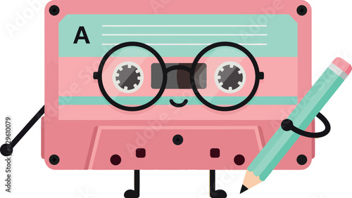 Retro pink cassette tape character with glasses holding pencil vector illustration 