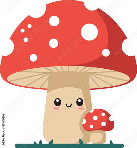 Cute red spotted mushroom character with small mushroom vector illustration design