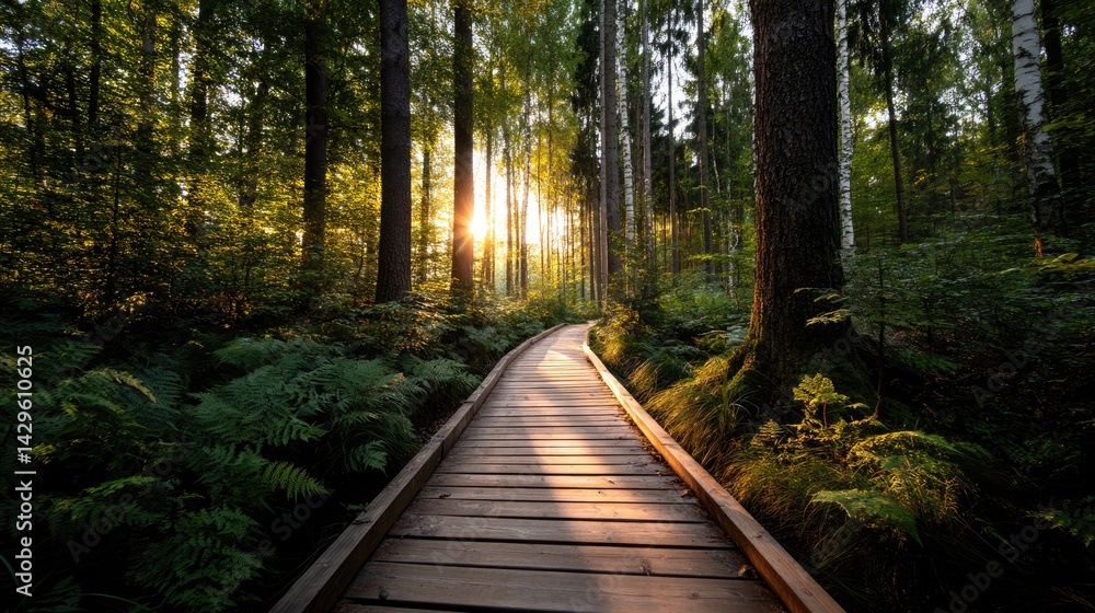 Sunlight streams through the forest along a wooden walkway. Sunlight streams through the forest along a wooden walkway.