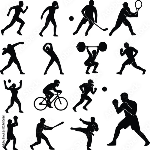 Silhouette sports icons set featuring basketball, soccer, football, tennis, and running athletes in action, including both men and women players in various training and competition poses