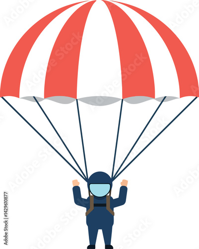 Parachutist with red and white canopy landing vector illustration in flat style 