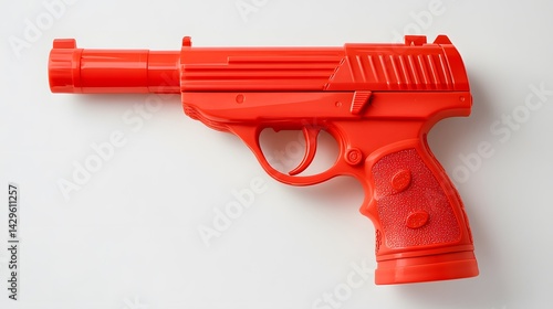 Red plastic toy gun with white background.