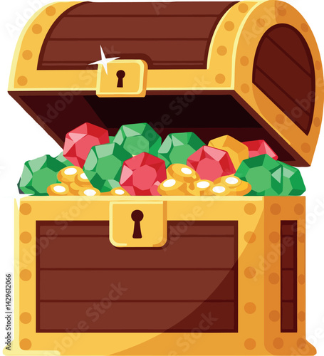 Treasure chest filled with colorful gems and gold coins vector illustration design 