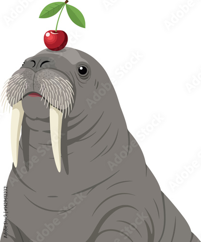 Walrus with Cherry on Head Vector Illustration in Minimalist Style 