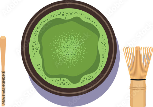 Matcha Tea Bowl with Bamboo Whisk and Scoop Vector Illustration for Traditional Japanese Tea Ceremony 