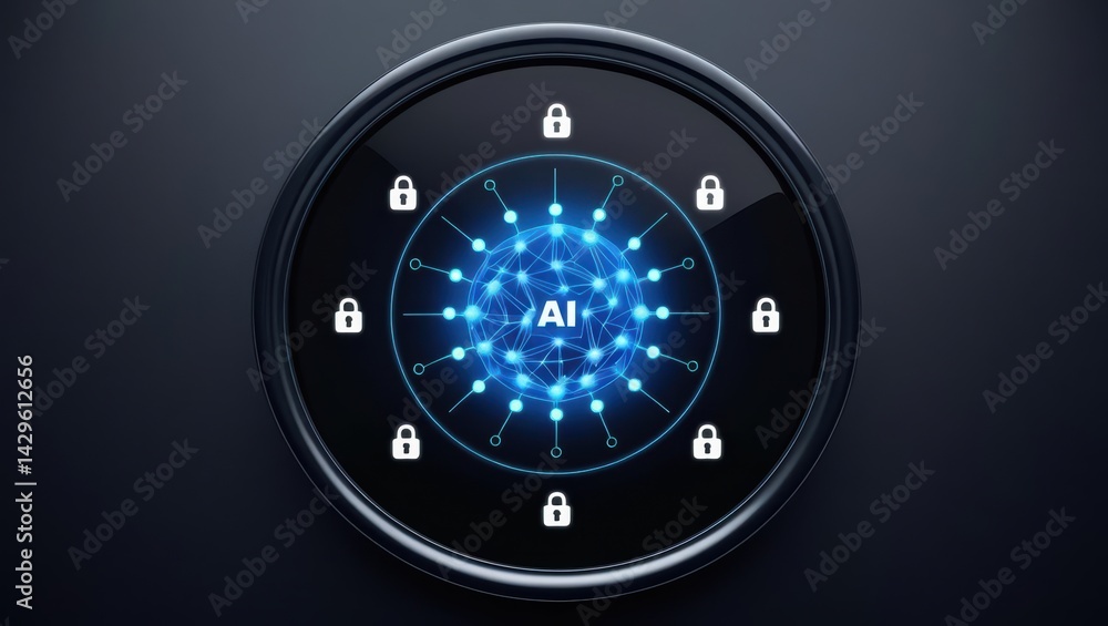 Close-up of a digital artificial ligence security concept with a futuristic circular interface displaying AI at the center surrounded by padlock icons on a dark background Close-up of a digital artificial ligence security concept with a futuristic circular interface displaying AI at the center surrounded by padlock icons on a dark background