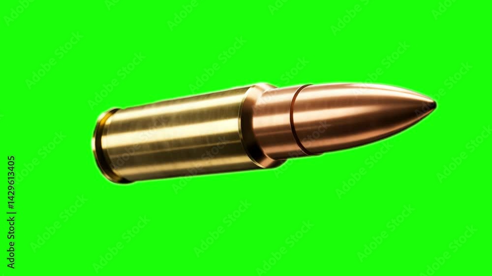 Realistic bronze bullet rotating steadily in a static close-up shot, isolated on a green screen for chroma key use Realistic bronze bullet rotating steadily in a static close-up shot, isolated on a green screen for chroma key use