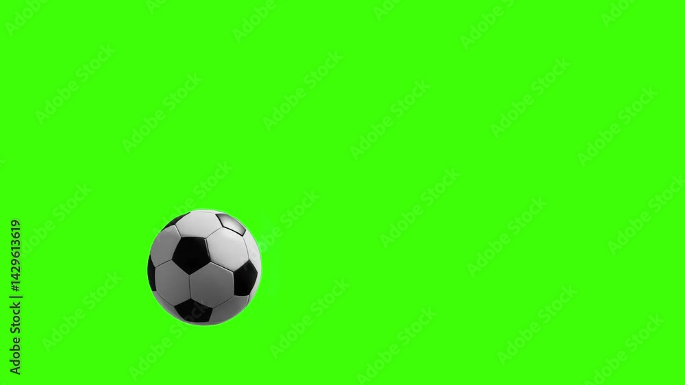 Soccer or football ball slowly rolling across the screen from left to right on a diagonal trajectory isolated on a green background, for chroma key use