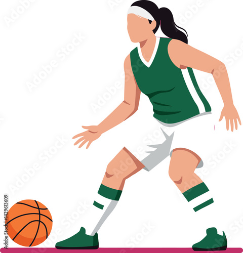 Female basketball player dribbling ball in green jersey and white shorts vector illustration 