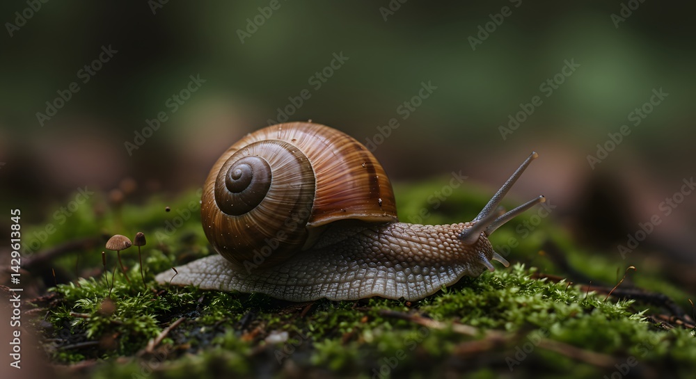 A macro capture of a forest snail crawling over mossy ground. The snail's shell has subtle spiral ridges with earthy tones, and its moist body glistens under the soft ambient light. A macro capture of a forest snail crawling over mossy ground. The snail's shell has subtle spiral ridges with earthy tones, and its moist body glistens under the soft ambient light.