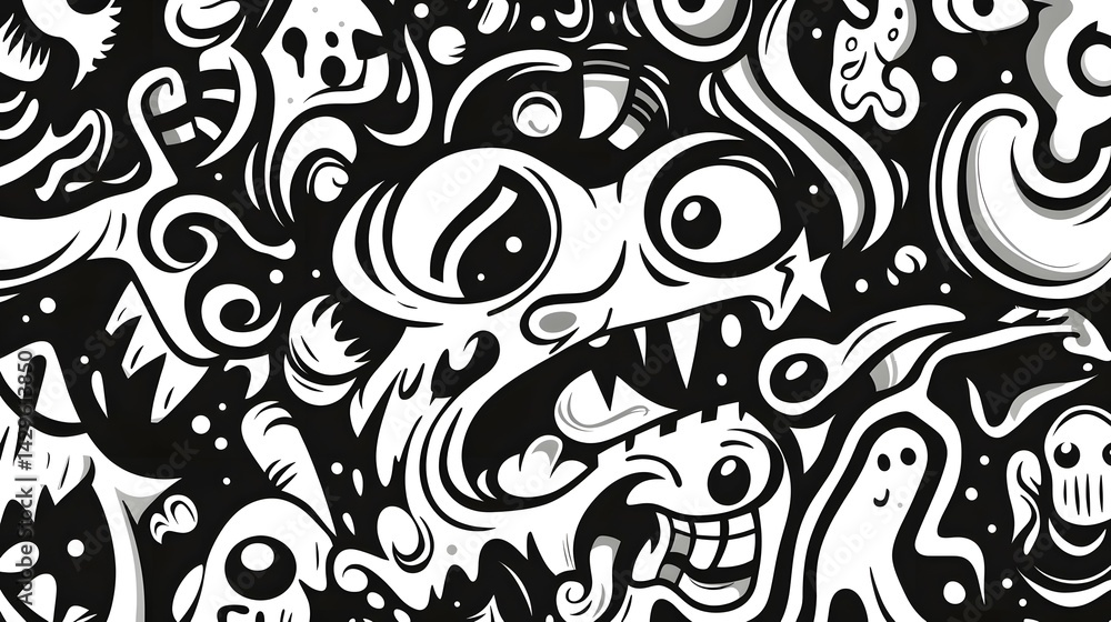 Intricate, abstract, black and white design of grotesque, cartoonish creatures. Intricate, abstract, black and white design of grotesque, cartoonish creatures.
