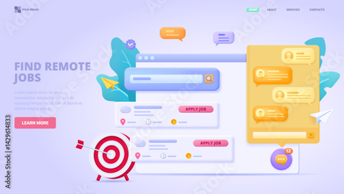 Laptop screen with online remote job search service and employer chat in pseudo 3D style for freelancers and outsourcing professionals. 3d vector illustration.
