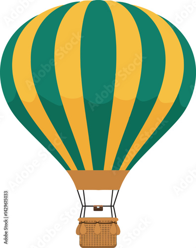 Hot air balloon with green and yellow stripes flying in clear sky vector illustration 