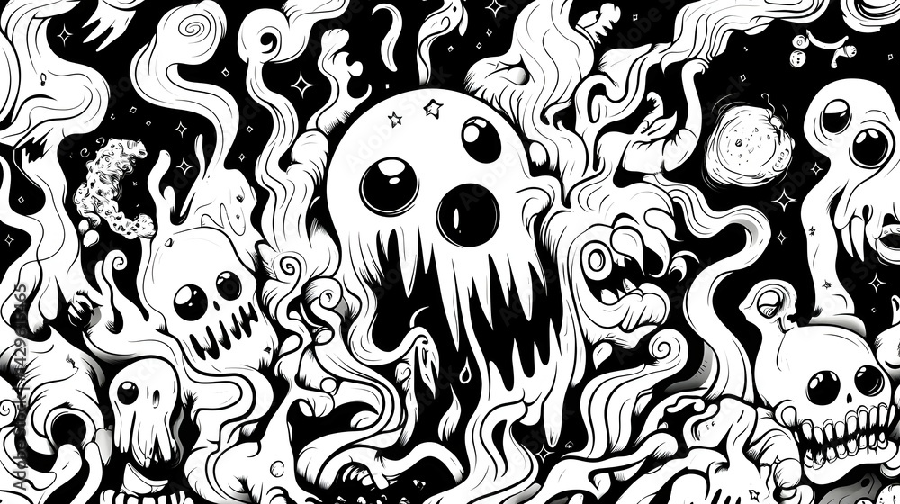 Obraz premium Whimsical, monochrome illustration of ethereal creatures and swirling patterns.