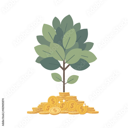 A stylized money tree sprouts from a pile of gold coins, symbolizing financial growth, investment returns, wealth creation, and achieving prosperity.