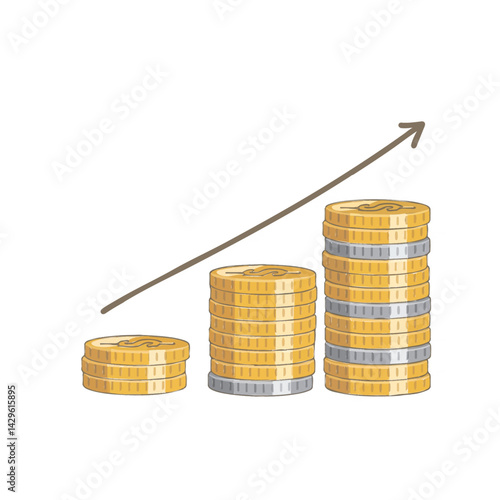 Three stacks of gold coins ascending in size, illustrating financial growth and increasing wealth over time