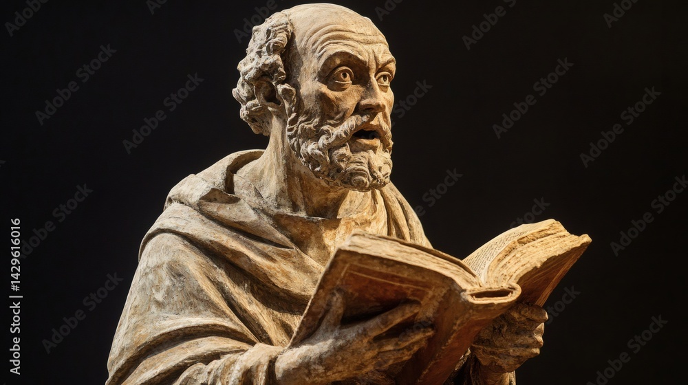 Obraz premium Close-up of an aged statue of a man reading a book, detailed carving, dark background. 