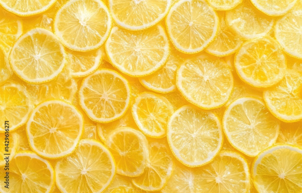 Vibrant and refreshing background composed entirely of fresh lemon slices arranged in a visually striking pattern, perfect for web banners, advertising, or digital design projects with ample copy spac Vibrant and refreshing background composed entirely of fresh lemon slices arranged in a visually striking pattern, perfect for web banners, advertising, or digital design projects with ample copy spac
