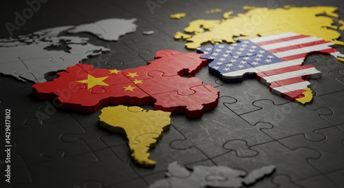 World Map Puzzle Pieces: China and USA Trade Tensions