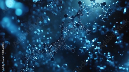 Abstract blue DNA strands floating in a dark space with a blue glow behind them. The DNA strand is a microscopic structure that carries genetic information