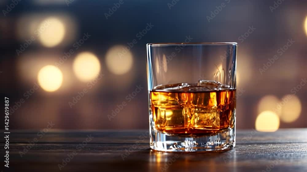 Glass Of Whiskey With Ice Cubes On Wooden Surface Against Bokeh Lights Background Glass Of Whiskey With Ice Cubes On Wooden Surface Against Bokeh Lights Background
