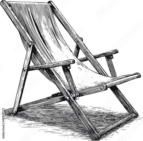Vintage style illustration of a wooden deck chair with detailed shading design. Vector illustration