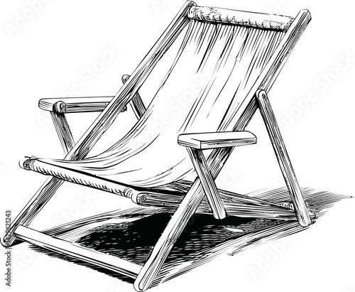 Wooden foldable deck chair illustration in monochrome sketch style. Vector illustration