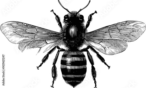 Detailed black and white illustration of a bee with intricate wings design. Vector illustration