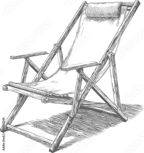 Illustration of a folding deck chair with a pillow and shadow in monochrome sketch. Vector illustration