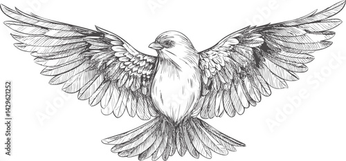 Detailed monochrome sketch of a bird with wings spread wide, artistic illustration. Vector illustration