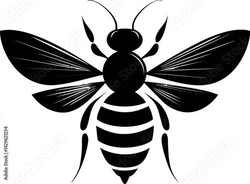 Black silhouette of a bee with detailed wings and stripes. Vector illustration