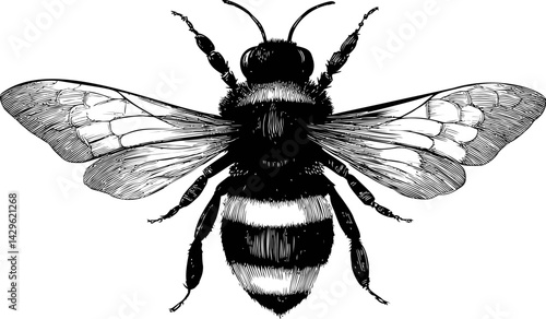 Detailed black and white illustration of a bee with transparent wings. Vector illustration