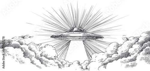 UFO emitting light beams in a cloudy sky with a vintage sketch style. Vector illustration