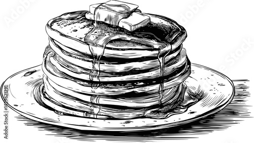Stack of pancakes with butter and syrup in detailed black and white illustration. Vector illustration