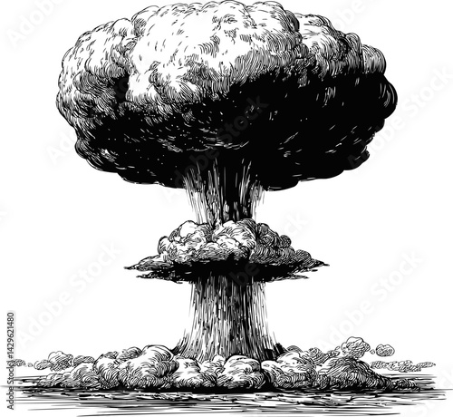 Monochrome illustration of a dramatic mushroom cloud explosion, concept art. Vector illustration