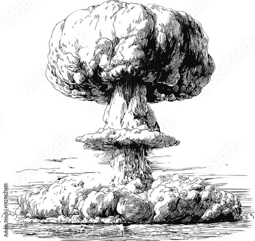Monochrome illustration of a large mushroom cloud from an atomic explosion. Vector illustration