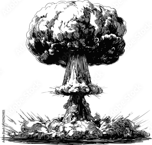 Black and white illustration of a massive mushroom cloud explosion. Vector illustration