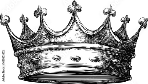 Intricately detailed sketch of an ornate royal crown with fleur-de-lis accents. Vector illustration