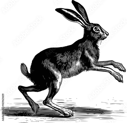 Black and white illustration of a running hare in a vintage style engraving. Vector illustration