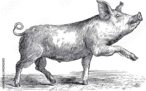 Illustration of a dancing pig in black and white, vintage engraving style. Vector illustration
