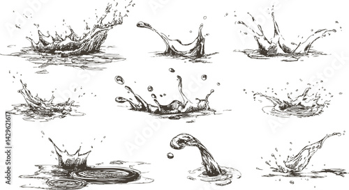 Illustration of splash water droplets in various forms, black and white sketch. Vector illustration