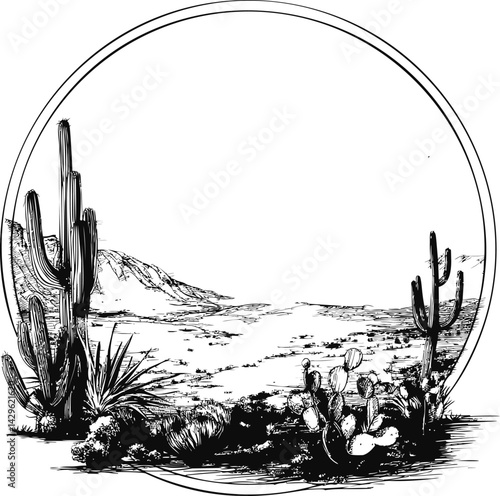 Desert landscape with cacti in a circle frame, monochrome sketch illustration. Vector illustration