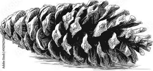 Detailed black and white drawing of a pine cone. Vector illustration