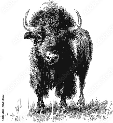 Detailed black and white bison illustration with textured fur in a natural setting. Vector illustration