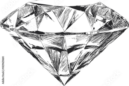 Black and white sketch of a faceted diamond with intricate lines, artistic drawing. Vector illustration